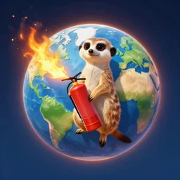 planet - sized meerkat holding a fire extinguisher the planet earth on fire, whole planet view, fantasy, high quality matte painting, cartoony