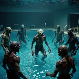 terrifying, reptilian humanoid monstrous creatures of the abyss, lurking in a public swimming pool, liminal spaces, occult gathering, 3 5 mm film photo, film grain