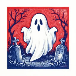 red and blue woodcut print, halloween ghost in graveyard at midnight by greg rutkowski, fine details, highly detailed