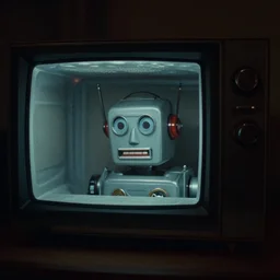 retro robot sticking her head inside of a microwave, from 1977, bathed in the glow of a crt television, low-light photograph, in the style of jack bridgeland