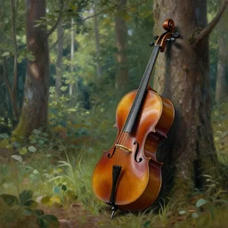 forest scene with a cello leaning on a tree, intricate, beautiful, highly detailed, elegant, artstation, concept art, smooth and sharp focus, illustration, painting by claude monet ivan shishkin albert bierstadt isaak ilyich levitan