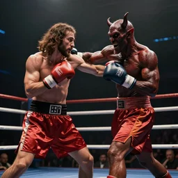 Jesus fighting a demon in a boxing ring, photorealistic, 4K