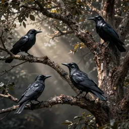 epoxied crows in the branches of a tree, artstation fantasy