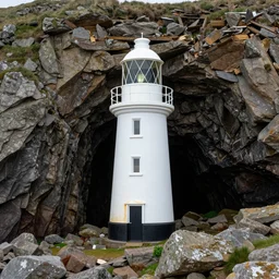 standalone lighthouse in england 1 9 2 5 half - destroyed, covered by mold, staying in 2 kilometers far from a coast, opposite the dark cave - crack of giant rocks. when you see this lighthouse it makes you anxious. deep ones is living under this. view from sea, and view from the coast, s line, 4 5 angel by krenz cushart and mucha and greg rutkowski