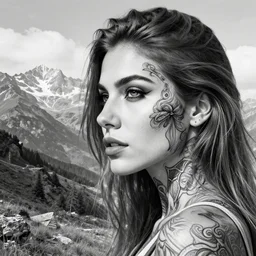 double exposure of a beautiful mountain scenery with a beautiful woman face, tattoo design sketch, in the style of matteo pasqualin, hyper - realistic, amazing detail, black and white