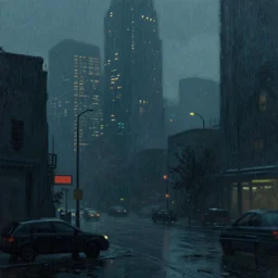 dystopian cyberpunk city on a rainy melancholy night, by edward hopper