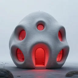 A beautiful architectural rendering of a blob shaped trypophobia house with a mysterious red glow emitting from inside, stunning, gorgeous, golden ratio, photorealistic, featured on artstation, 4k resolution