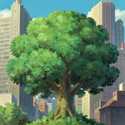 enormous tree off life surrounded by sky scraper, distant photo, ghibli style, building are bigger then tree