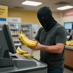 a masked man at a self checkout commuting theft of a banana, trending on artstation, depth field, unreal engine, cinematic, hyper realism, high detail, octane cinema 4 d render, a 2 4 cinematography, 8 k