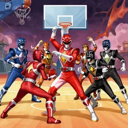 Power Rangers Playing Basket Ball against the Tune Squad
