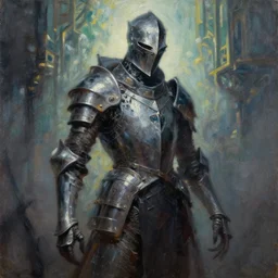 a creepy loose brushwork oil painting of a aetherpunk knight by charles sillem lidderdale in the style of art - deco art, dynamic lighting
