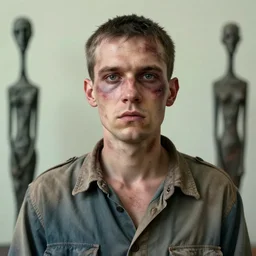 a starved soviet prisoner with ( ( terror in his eyes ) ), slightly scarred and pitted, hyperrealistic, beautiful, detailed portrait, intricate complexity, by conrad roset and jean dubuffet and daniel johnston and giacometti, ( muted pastel colors ), 4 k, beautiful, cinematic dramatic atmosphere, very realistic, sharp focus