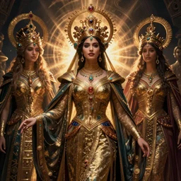 queen of the lost city with her regalia, by Annie Swynnerton and Nicholas Roerich and jean delville, dramatic cinematic lighting , ornate headdress , flowing robes, lost civilizations, extremely detailed