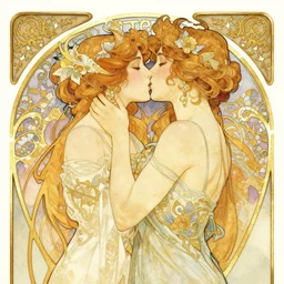 the kiss | highly detailed | very intricate | art nouveau | gold filigree | romantic storybook fantasy | soft cinematic lighting | award - winning | watercolor illustration by mandy jurgens and alphonse mucha and alena aenami | pastel color palette | featured on artstation