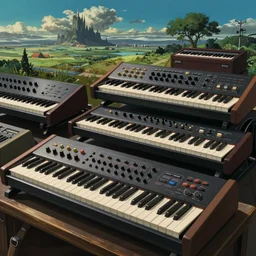 a design layout of amazing futuristic synthesizers, cinematic lighting, detailed, beautiful colors, by greg rutowski and studio ghibli