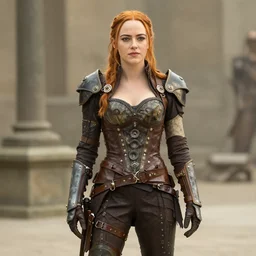 full shot photo of emma stone as a steampunk warrior