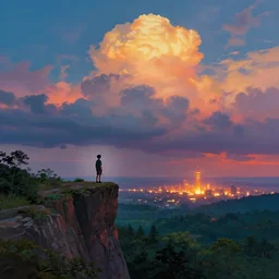 Colorful dramatic puffy clouds, Kid standing on the edge of a cliff overlooking a forest, Glowing city on the horizon, matte painting, concept art, 4K