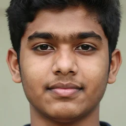 close - up portrait photograph of a large teenage indian male with black eyes, a big mouth, chubby facial features, a messy stubble and short touselled black hair, highly detailed, anatomically correct features,