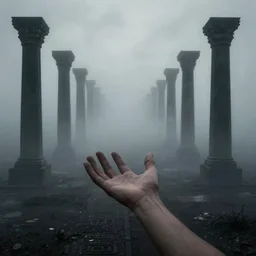 arm reaching out of thick fog, symetrical rows of pillars in far distance, intricate zdzislaw beksinski