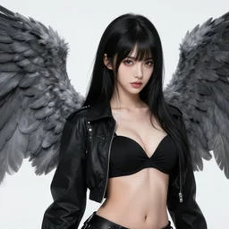 beautiful black haired girl archangel with gray wings, black jacket, black bra, highly detailed, d & d, fantasy, highly detailed, digital painting, trending on artstation, concept art, sharp focus, illustration, art by artgerm and greg rutkowski and fuji choko and viktoria gavrilenko and hoang lap