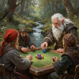 fantasy halfling dice gambling with a white haired dwarf next to a shallow creek, oil painting, digital art, highly detailed, colorful, unreal engine, octane render, dramatic lighting, cinematic composition,