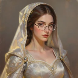 detailed painting of mei from overwatch as an elegant medieval noblewoman, by brian froud and dan mumford, detailed face, beautiful soft silky dress, intricate, soft lighting, hyper realistic, mood light, golden hour, glasses |