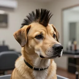 portrait of a dog with mohawk haircut in a hairdresser, digital art, unreal engine