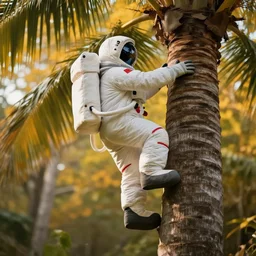 a cosmonaut in a spacesuit climbing a coconut tree, the autumn light comes in through, diffuse light, octane render, 4 k, matte painting