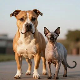 Hybrid of a Pitbull and a sphinx cat, beautiful, golden hour, sharp focus, ultra detailed, cgsociety