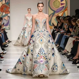 a model wearing an intricate ornate design floral fractals wedding dress at the catwalk, masterpiece by anny leibovitz, david lachapelle, paolo roversi, ( ( ( mucha ) ) ) ( ( ( iris van herpen ) ) )