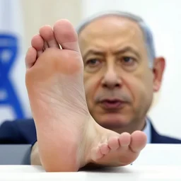 low angle shot of benjamin netanyahu showing his bare foot, sharp focus, highly detailed, leaked image, face