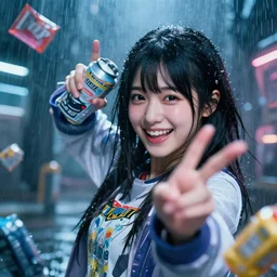 unbelievably beautiful, perfect, dynamic, epic, cinematic 8 k hd movie shot of semi - close - up japanese beautiful cute young c - pop idol actress using packaging materials with smile, expressing joy and posing in sci - fi rainy atmosphere with cool aesthetics. by a chinese movie director. motion, vfx, inspirational arthouse, wlop, great comp