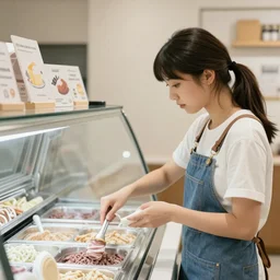 young woman working at an ice cream parlor