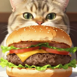full close up image burger food, in front of a cat, cat at top of image, cat, close up, full image, food, burger, hamburger, tasty look, artstation, style of jesper ejsing, by rhads, makoto shinkai and lois van baarle, ilya kuvshinov, rossdraws