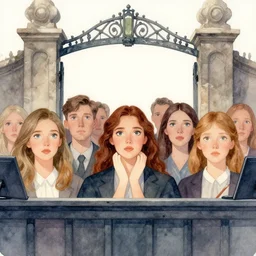 moderators stare with peering eyes at the viewer. many 👀. an ominous watercolor artwork, the gates of judgement, centered liminal space surrounded by arbiters. a place where experience is nullified and coherency falls apart beyond recognition