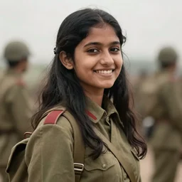 teenage female indian ww 2 soldier, long hair, dress, smiling, digital portrait by greg rutkowski, intricate, soft focus, highly detailed, cinematic, epic, artstation
