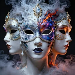 3 d goddess face portrait, face with glowing eyes in the center. beautiful glossy intricate highly detailed venetian mask. ice, galaxy, lava, milk, flame, smoke, artwork by tooth wu and wlop and beeple and greg rutkowski, 8 k trending on artstation, volumetric lighting