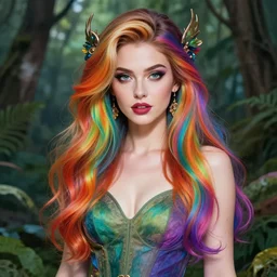 the portrait of chaotic good female rainbow colorful druid botanist as absurdly beautiful, gorgeous, elegant, young sensual gravure idol, an ultrafine hyperdetailed illustration by irakli nadar, james jean, intricate linework, sharp focus, bright colors, octopath traveler, final fantasy, unreal engine 5 highly rendered, global illumination, radiant light, detailed and intricate environment