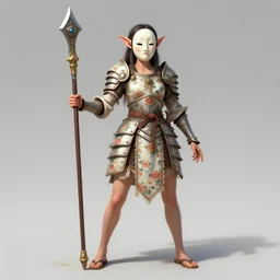 full - body portrait, female changeling in floral - patterned light armor, wielding a decorated halberd, barefoot in sandals, noh theatre mask, capricious, energetic, provocative, realistic proportions, reasonable fantasy art, in the style of dnd illustrations, pathfinder, paizo.