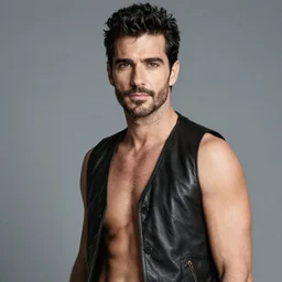 photo of fabio lanzoni with black hair and a five o clock shadow wearing a black leather vest, shirtless