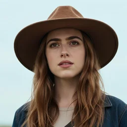 portrait evan rachel wood angle 9 0 ° centred looking away breading fresh air, caracter with brown hat, background soft blue