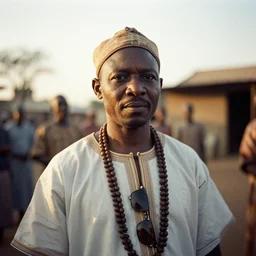 analogue photo of an Igbo tribal chief, 35mm, f/1.4, Golden Hour light, photo shot my Martha Cooper,