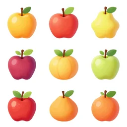 a set of cute fruits icons, isolated on white background, stylized, cartoon, high quality, smooth graphics, fine edges,