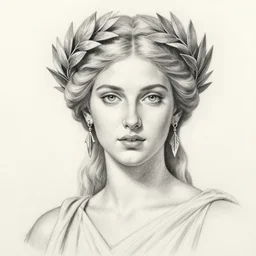 pencil drawing of a beautiful greek goddess aphrodite wearing a laurel wreath and arrowhead earrings, beautiful confident and piercing eyes, beautiful flowing hair, hyper realistic face, in the style of greg rutkowski, fantasy, amazing detail, epic, elegant, smooth, sharp focus, from the front