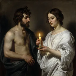 woman in a white tunic holding a candle in the darkness, by donato giancola and nikolay makovsky