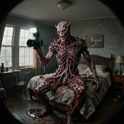 a long shot photograph with camera flash of a male demonic creature made of slimy oozy meat and veins inside a bedroom with a bed, a chair and a table with windows with curtains, fisheye lens, photorrealistic, render vray, concept art, film, dslr