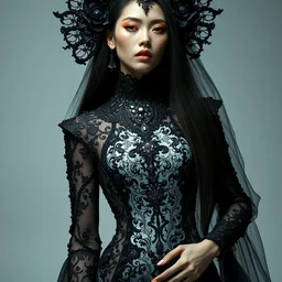 portrait of liu wen by irakli nadar with intricate detailed wearing avant garde dress designed by rocky gathercole, haunting, elite, elegant, ruan jia, dark, hyper detailed, concept art, glamour pose, by gustav klimt