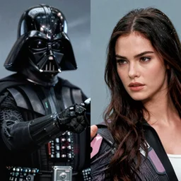 first shot of megan fox fighting darth vader in star wars reboot, ( eos 5 ds r, iso 1 0 0, f / 8, 1 / 1 2 5, 8 4 mm, postprocessed, crisp face, facial features )