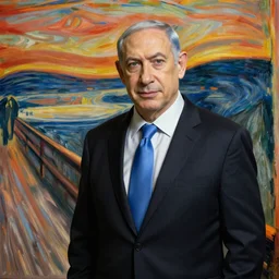 Benjamin Netanyahu in The Scream painting by Edvard Munch,  unreal 5, DAZ, hyperrealistic, octane render, cosplay, RPG portrait, dynamic lighting
