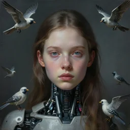 beautiful young girl pensive cyborg face, surrounded by small robot birds, matte painting, by emil melmoth zdzislaw beksinki craig mullins yoji shinkawa realistic render ominous detailed photo atmospheric by jeremy mann francis bacon and agnes cecile